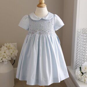 Blue Smocked Dress Embroidery Pin Tucks Peter Pan Collar Luli & Me Boutique NWT